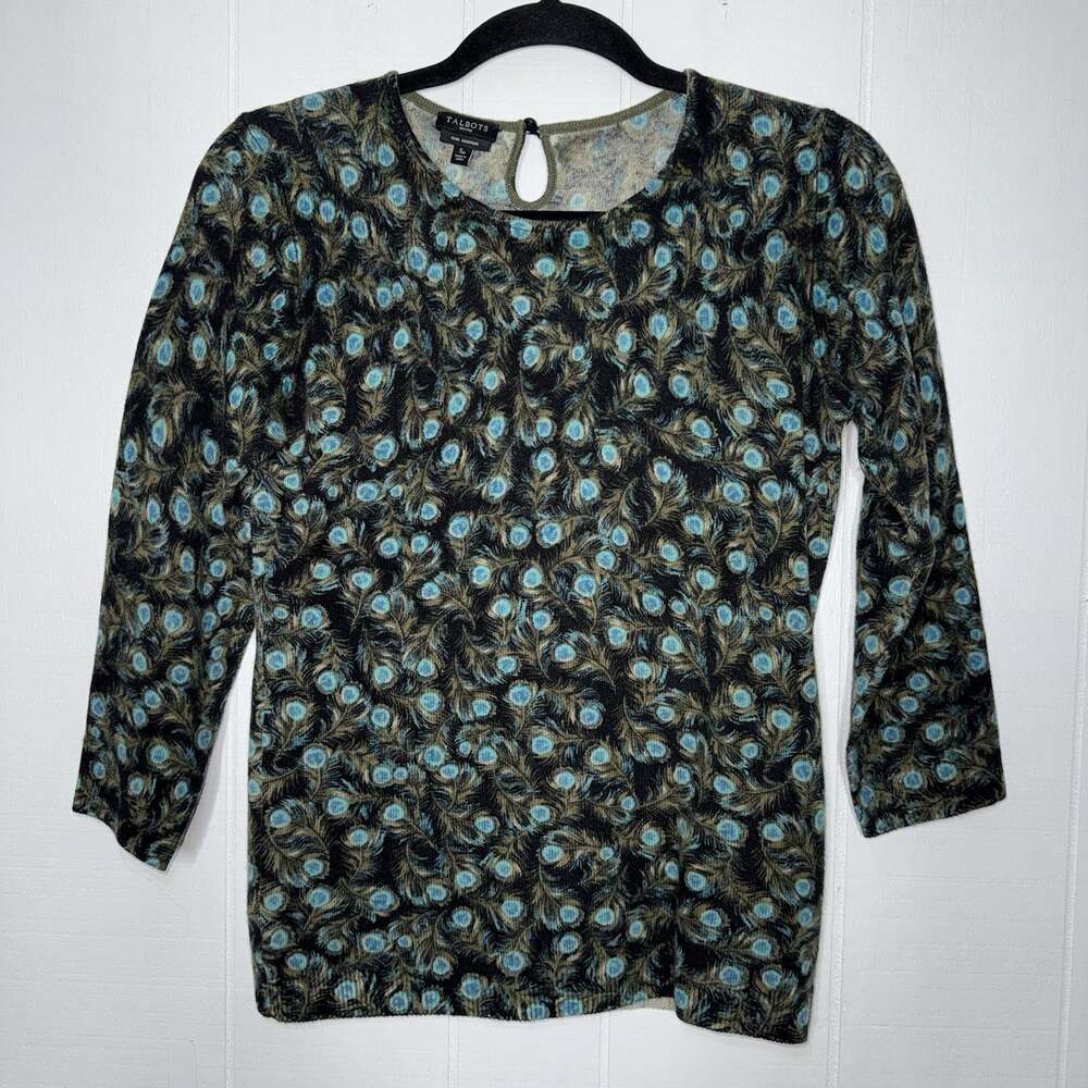 Talbots Women’s 100% Cashmere Keyhole Sweater Peacock Feather Print Teal Size SP